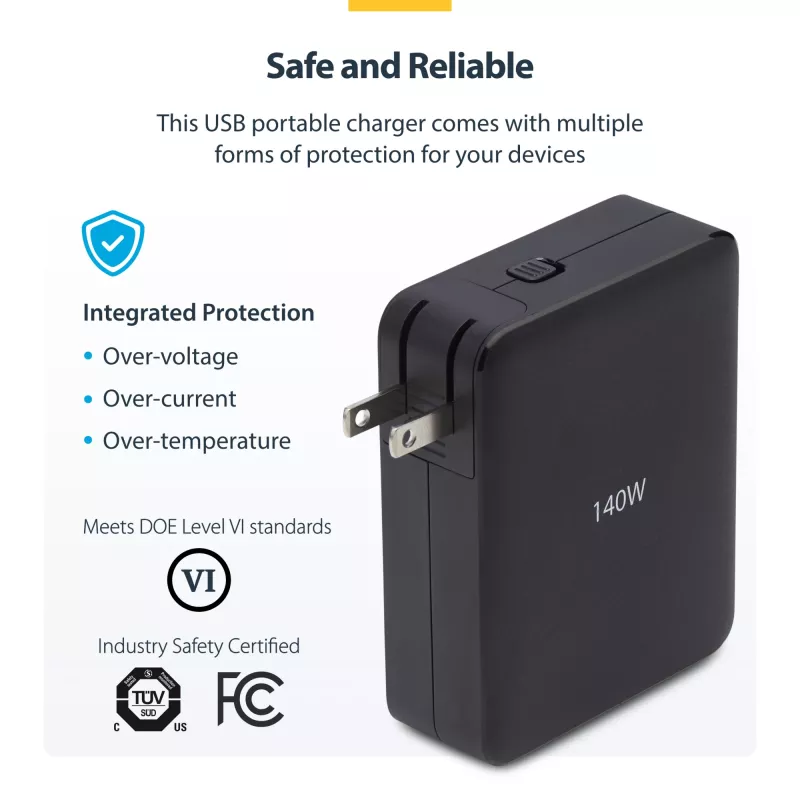 StarTech.com 140W USB-C seinälaturi, 3x USB-C/1x USB-A, PD 3.1 kansainvälinen GaN-virtalähde MacBook/Dell XPS/Inspiron
