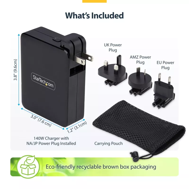 StarTech.com 140W USB-C seinälaturi, 3x USB-C/1x USB-A, PD 3.1 kansainvälinen GaN-virtalähde MacBook/Dell XPS/Inspiron