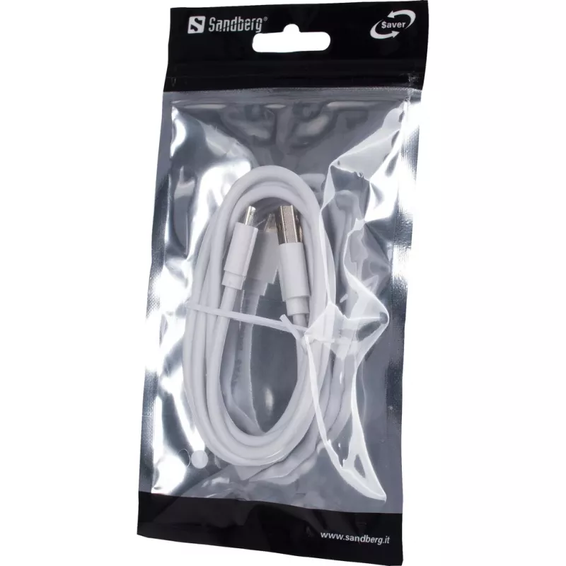 Sandberg MicroUSB Sync/Charge 1m SAVER, 1 m, Micro-USB A, USB A, valkoinen