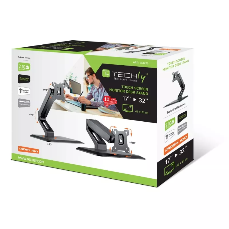 Techly ICA-LCD 35TS kosketusnäyttöjen pöytäjalusta, 17–32 tuumaa, enintään 10 kg, VESA 75x75/100x100, kaasujousi, musta