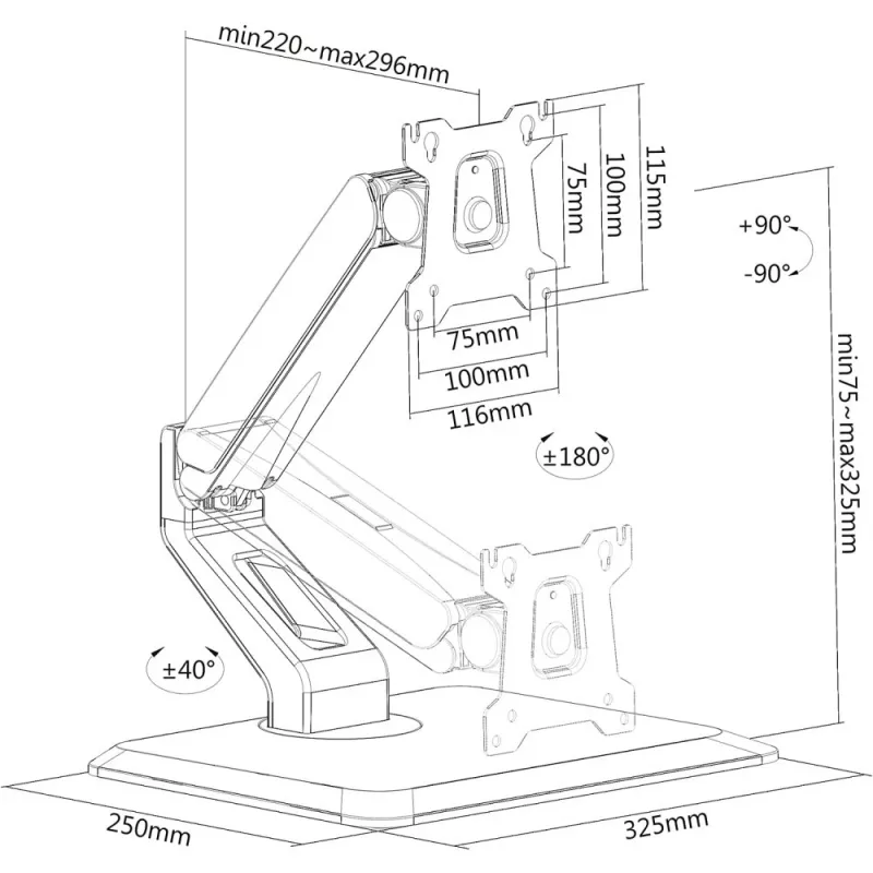 Techly ICA-LCD 35TS kosketusnäyttöjen pöytäjalusta, 17–32 tuumaa, enintään 10 kg, VESA 75x75/100x100, kaasujousi, musta