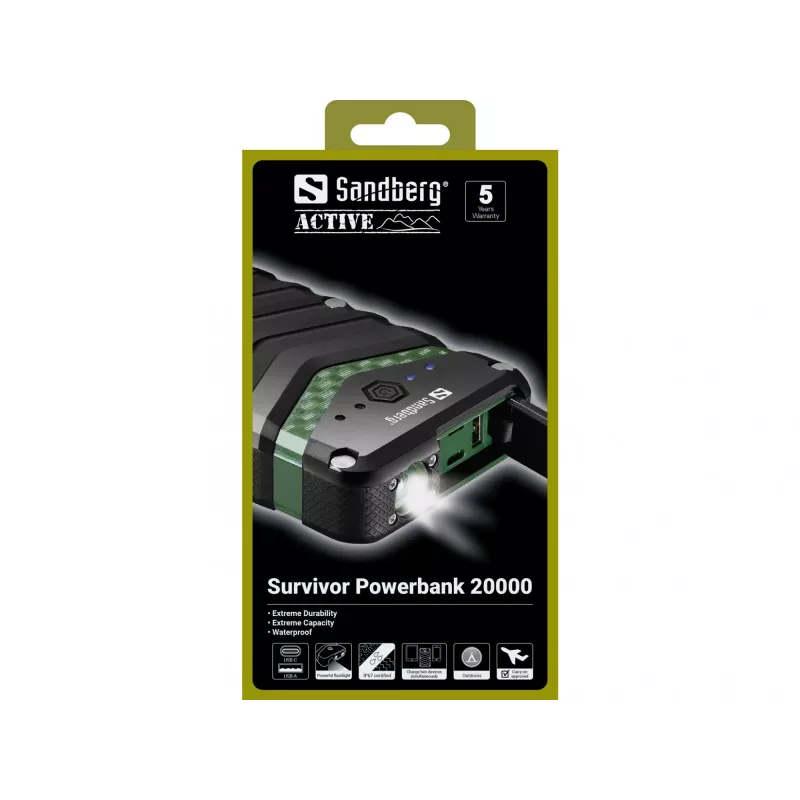 Sandberg Survivor Powerbank 20000, 20000 mAh, litiumioni (Li-Ion), musta, vihreä