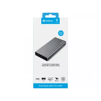 Sandberg Powerbank USB-C PD 100W 20000, 20000 mAh, litiumioni (Li-Ion), Quick Charge 3.0, 100 W, harmaa