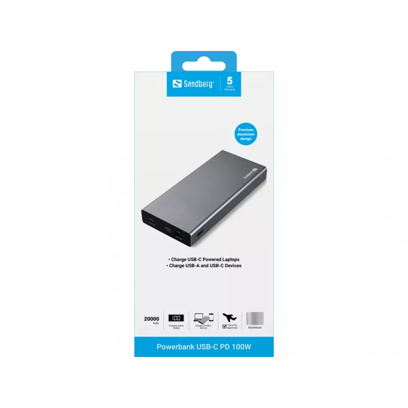 Sandberg Powerbank USB-C PD 100W 20000, 20000 mAh, litiumioni (Li-Ion), Quick Charge 3.0, 100 W, harmaa