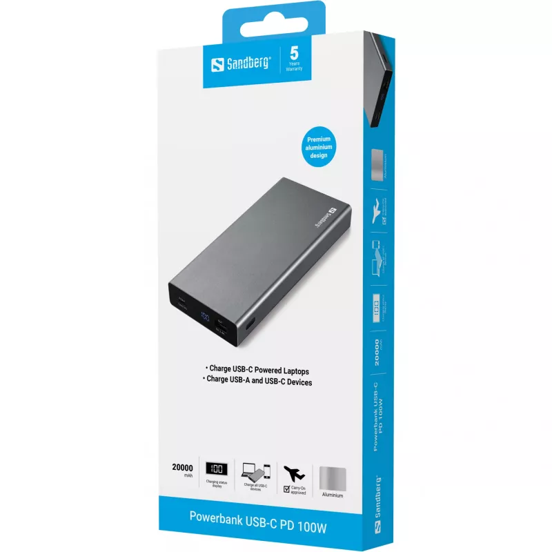 Sandberg Powerbank USB-C PD 100W 20000, 20000 mAh, litiumioni (Li-Ion), Quick Charge 3.0, 100 W, harmaa