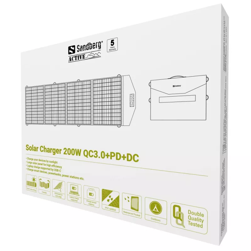 Sandberg 420-82 aurinkolaturi 200 W, QC3.0+PD+DC, 4 lähtöä (DC, 2x USB, USB-C)