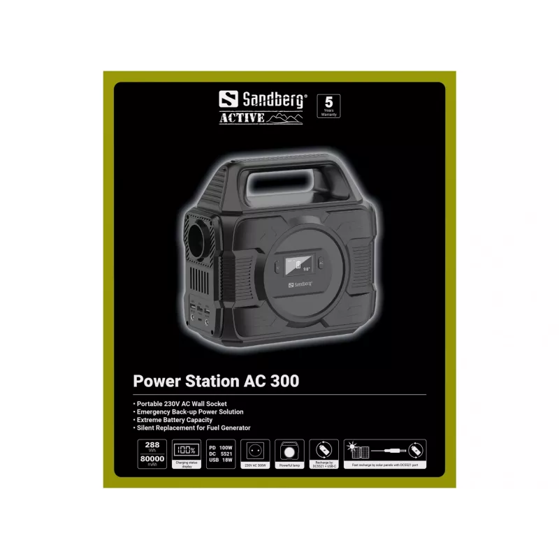 Sandberg Power Station AC 300, 80000 mAh, AC, DC, aurinko, USB, 296 Wh, 300 W, 300 W, 6 A