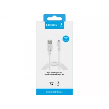 Sandberg USB-A-Micro-USB-latauskaapeli 1m, 1 m, USB A, Micro-USB B, USB 2.0, pistoke/pistoke, valkoinen