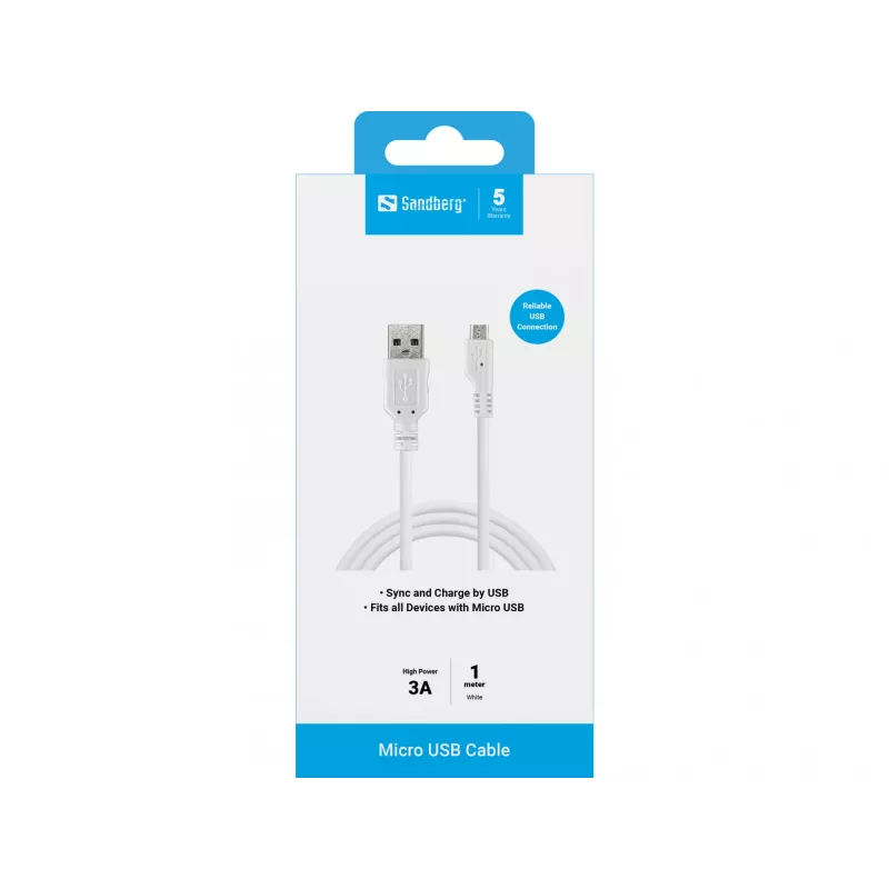Sandberg USB-A-Micro-USB-latauskaapeli 1m, 1 m, USB A, Micro-USB B, USB 2.0, pistoke/pistoke, valkoinen