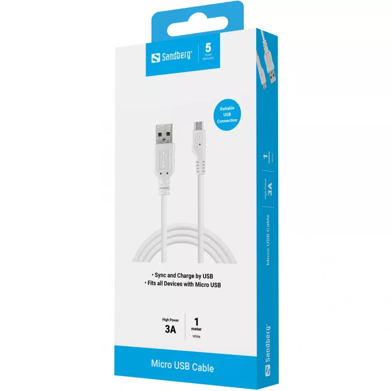 Sandberg USB-A-Micro-USB-latauskaapeli 1m, 1 m, USB A, Micro-USB B, USB 2.0, pistoke/pistoke, valkoinen