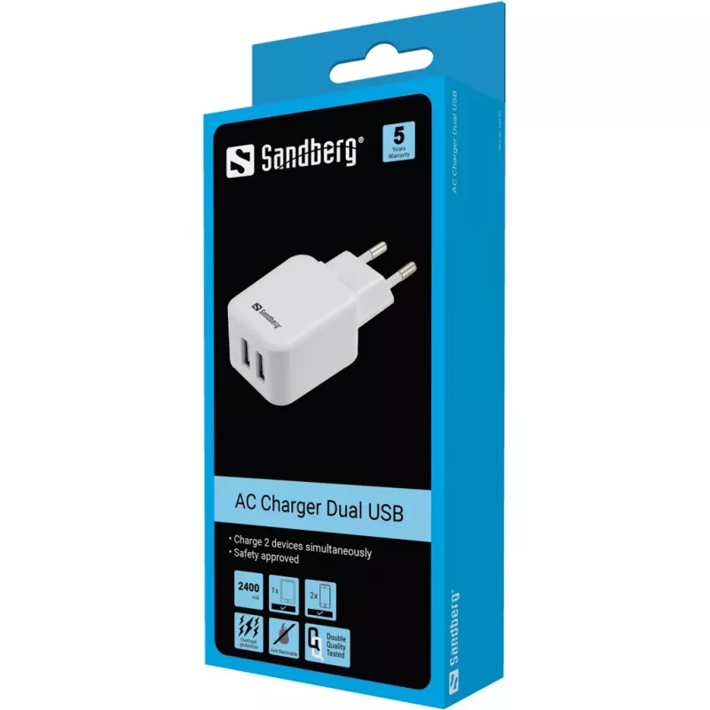 Sandberg AC-laturi Dual USB 2.4+1A EU, sisäkäyttöön, AC, USB, 5 V, musta, valkoinen