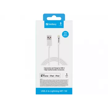 Sandberg USB-A - Lightning MFI 1M, 1 m, Lightning, USB-A, valkoinen, suora, suora