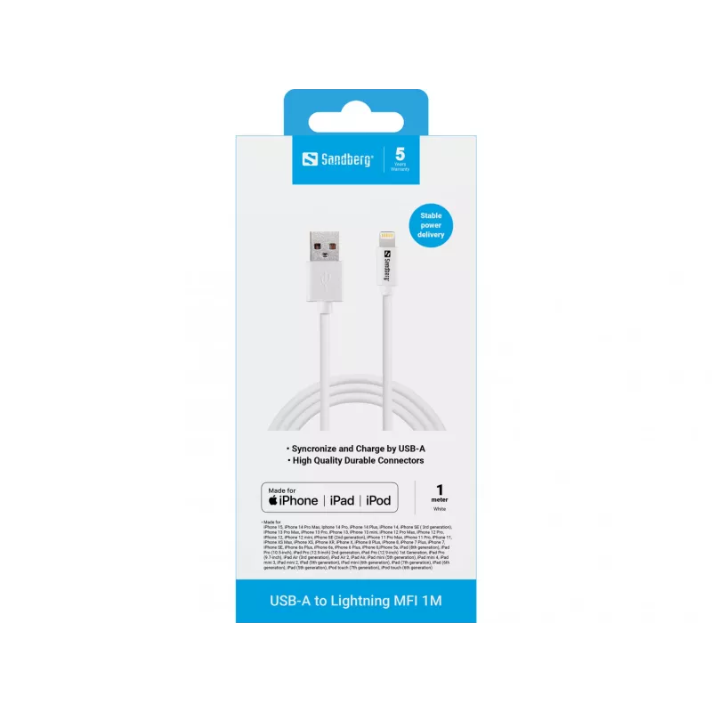 Sandberg USB-A - Lightning MFI 1M, 1 m, Lightning, USB-A, valkoinen, suora, suora
