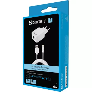 Sandberg AC-laturi EU Lightning 2.4A, sisäkäyttöön, AC, 5 V, valkoinen