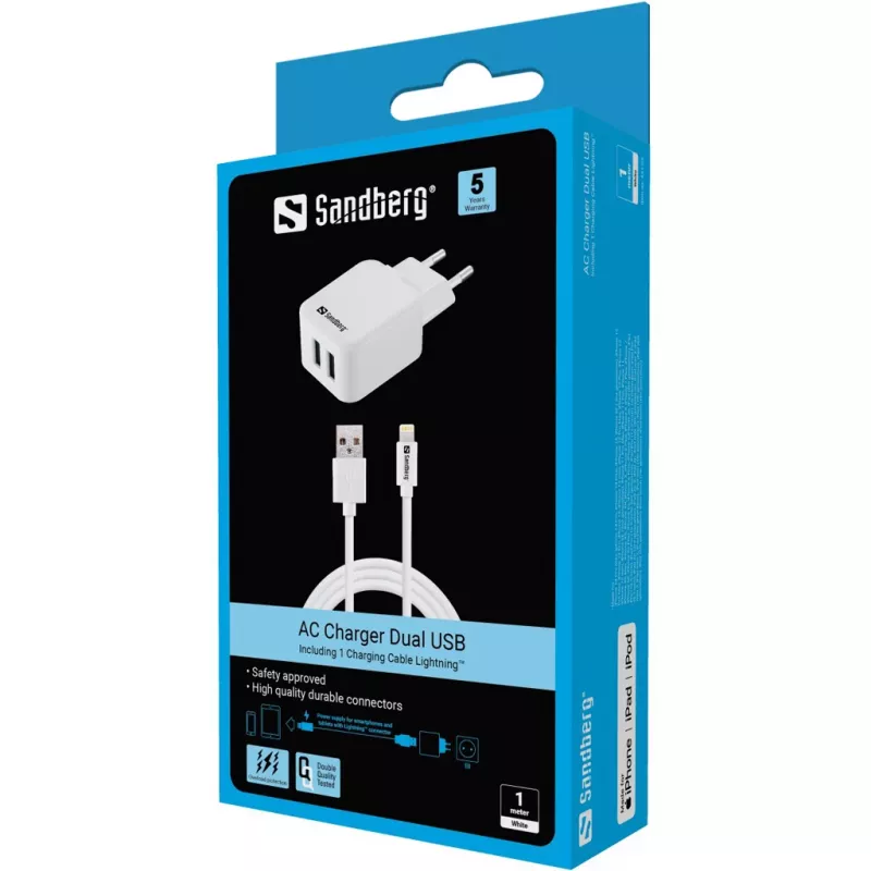 Sandberg AC-laturi EU Lightning 2.4A, sisäkäyttöön, AC, 5 V, valkoinen