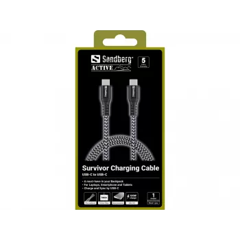 Sandberg Survivor USB-C-kaapeli 1M 100W, 1 m, USB-C, USB-C, USB 2.0, musta, harmaa