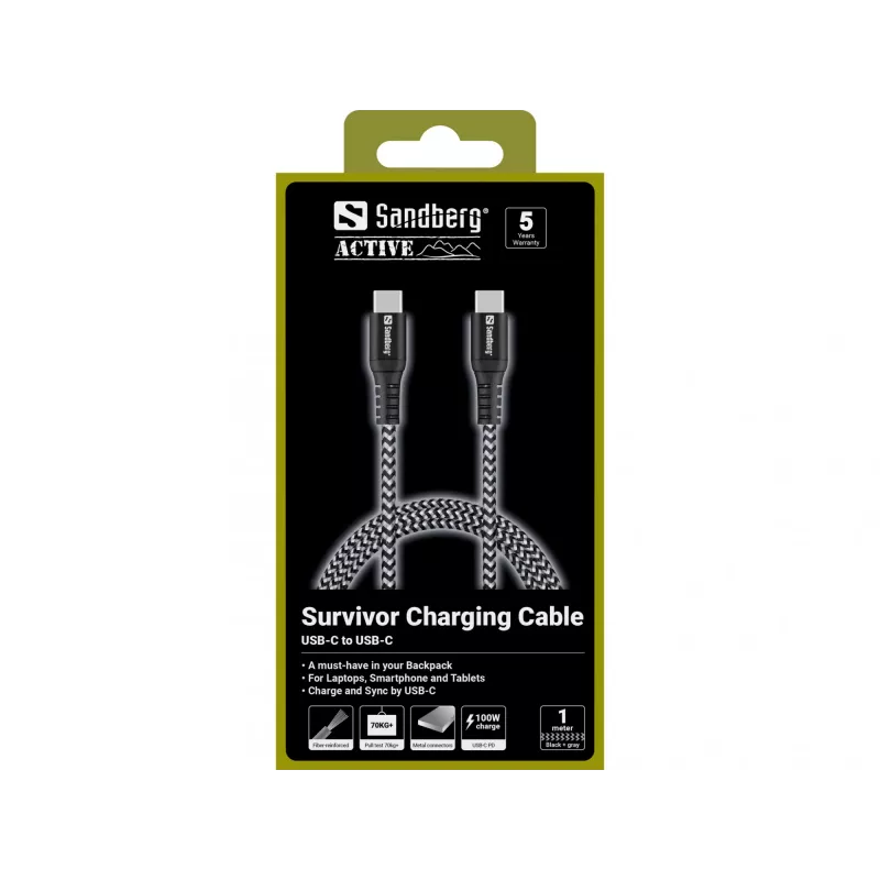 Sandberg Survivor USB-C-kaapeli 1M 100W, 1 m, USB-C, USB-C, USB 2.0, musta, harmaa