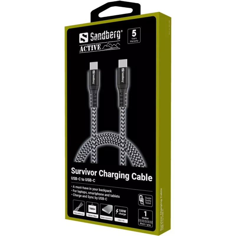 Sandberg Survivor USB-C-kaapeli 1M 100W, 1 m, USB-C, USB-C, USB 2.0, musta, harmaa