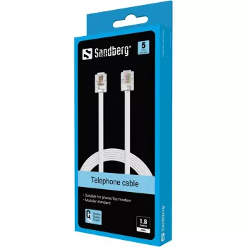 Sandberg puhelinkaapeli RJ11-RJ11 1,8 m, 1,8 m, RJ11, RJ11, uros, uros, valkoinen