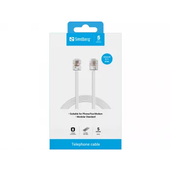 Sandberg puhelinkaapeli RJ11-RJ11 5 m, 5 m, RJ11, RJ11, uros, uros, valkoinen