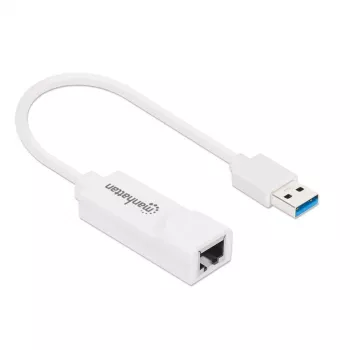 Manhattan USB-A Gigabit verkkosovitin, valkoinen, 10/100/1000 Mbit/s verkko, USB 3.0, Ethernet, RJ45, kolmen vuoden takuu, vastaa USB31000SW.