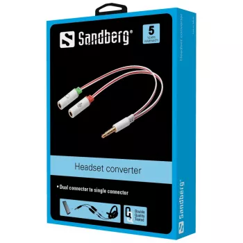 Sandberg-kuulokeliitäntäsovitin Dual-Single, 3,5 mm TRS, uros, naaras, valkoinen