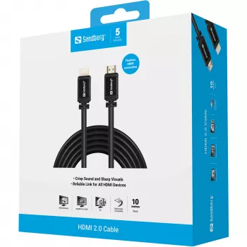 Sandberg HDMI 2.0 -kaapeli 19M-19M, 10 m, HDMI tyyppi A (standardi), HDMI tyyppi A (standardi), musta