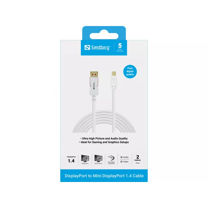Sandberg 509-17 DisplayPort – Mini DisplayPort -kaapeli, DP 1.4, 8K 60 Hz (7680 x 4320), 2 m, uros/uros