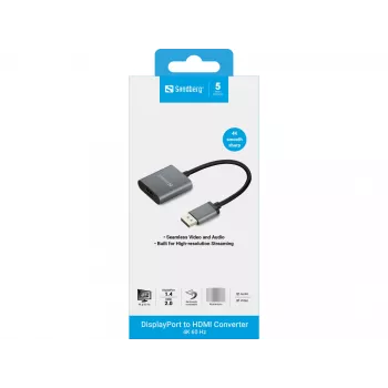 Sandberg DisplayPort 1.4 - HDMI 2.0 4K -sovitin, DisplayPort, HDMI tyyppi A (standardi), uros, naaras, 3840 x 2160 pikseliä, 6 Gbit/s