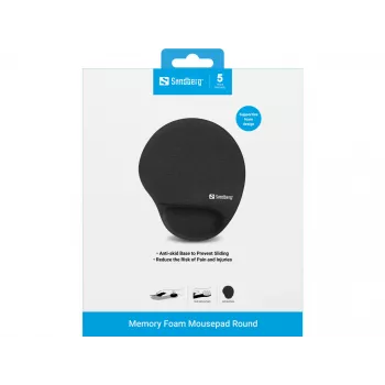 Sandberg Memory Foam -hiirimatto pyöreä, musta, yksivärinen, muistivaahto, rannetuki, liukumaton pohja