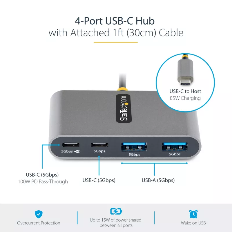 StarTech.com 4-porttinen USB-C-keskitin 100W Power Delivery -läpiviennillä – 2x USB-A + 2x USB-C – USB 3.0 5Gbps – 1ft (30cm) kaapeli – kannettava USB Type-C - USB-A/C-keskitin