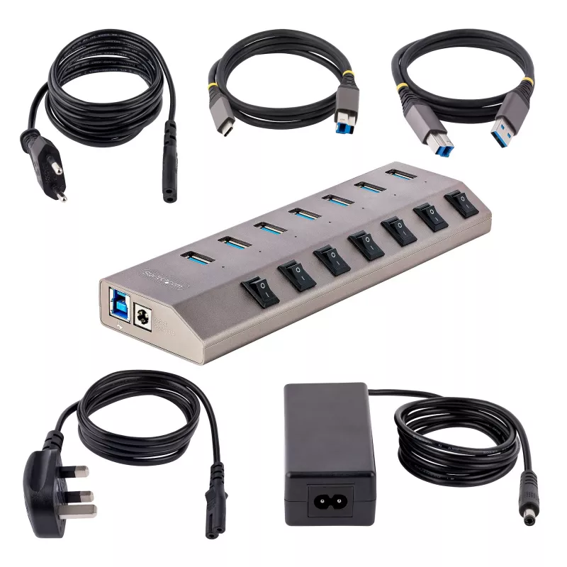 StarTech.com 7-porttinen itsetehosteinen USB-C-keskitin yksittäisillä virta-/katkaisupainikkeilla, USB 3.0 5Gbps -laajennuskeskitin virtalähteellä, pöytäkone/kannettava tietokone USB-C - USB-A -keskitin, USB Type C -keskitin BC 1.2:lla