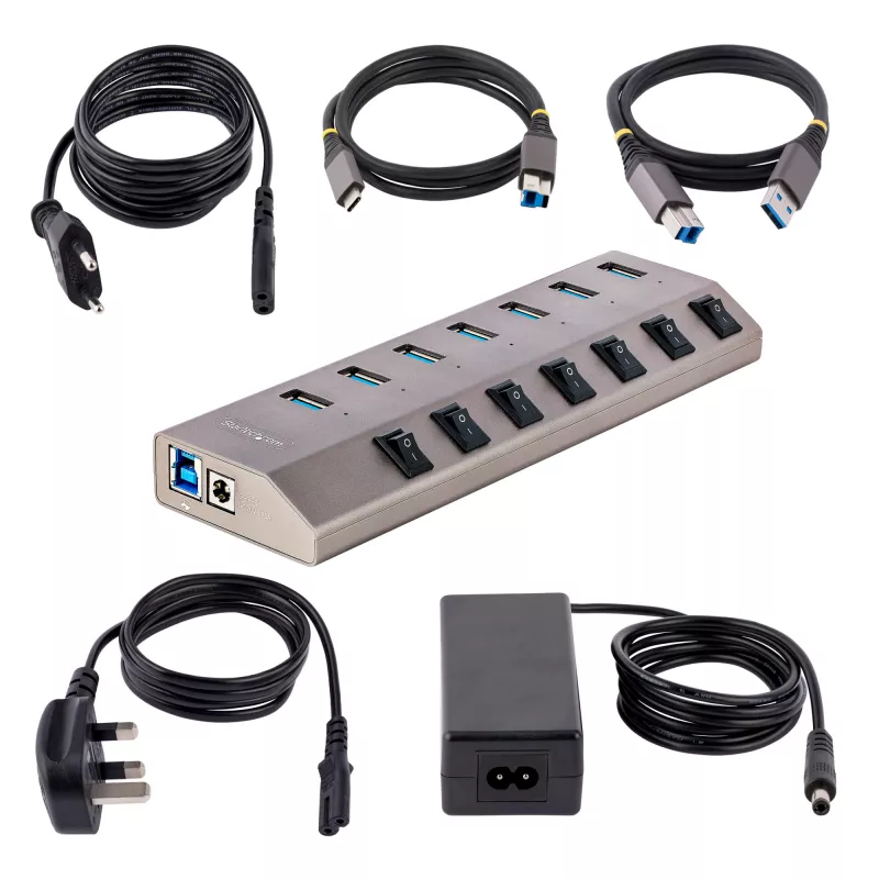 StarTech.com 7-porttinen itsetehosteinen USB-C-keskitin yksittäisillä virta-/katkaisupainikkeilla, USB 3.0 5Gbps -laajennuskeskitin virtalähteellä, pöytäkone/kannettava tietokone USB-C - USB-A -keskitin, USB Type C -keskitin BC 1.2:lla