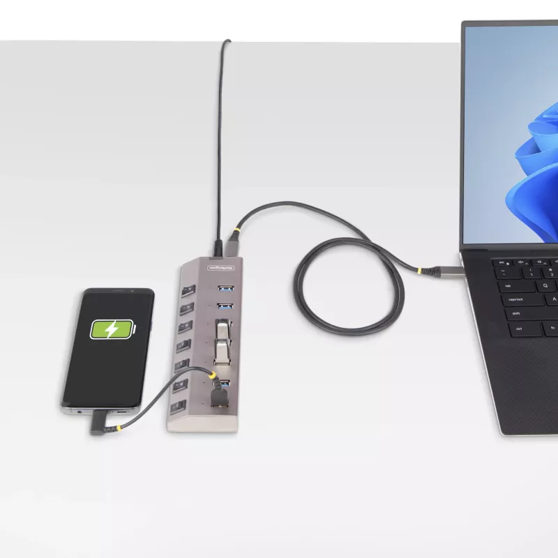 StarTech.com 7-porttinen itsetehosteinen USB-C-keskitin yksittäisillä virta-/katkaisupainikkeilla, USB 3.0 5Gbps -laajennuskeskitin virtalähteellä, pöytäkone/kannettava tietokone USB-C - USB-A -keskitin, USB Type C -keskitin BC 1.2:lla