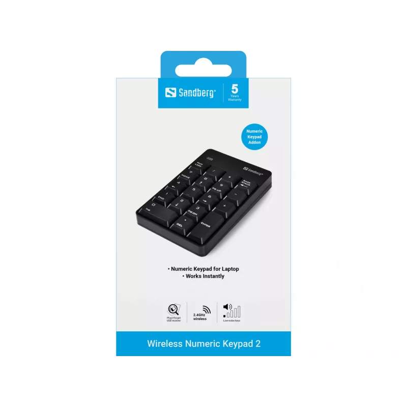 Sandberg Wireless Numeric Keypad 2, RF Wireless, 18, kannettava/PC, musta