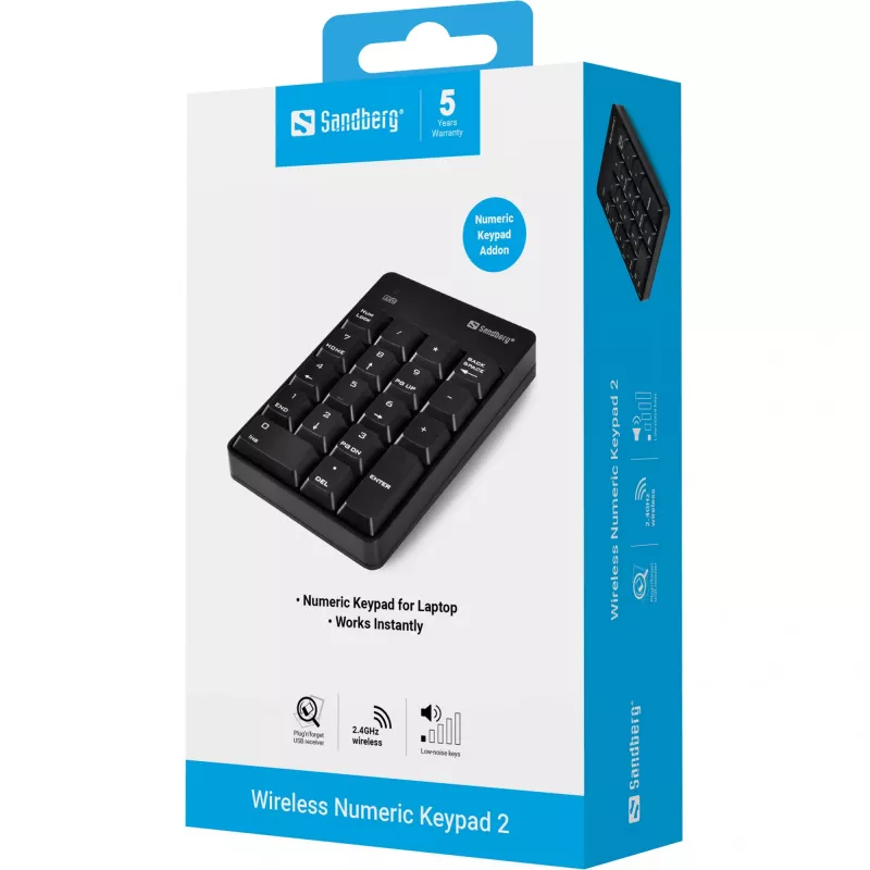 Sandberg Wireless Numeric Keypad 2, RF Wireless, 18, kannettava/PC, musta