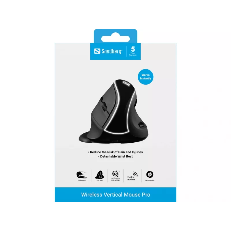 Sandberg Wireless Vertical -hiiri Pro, oikeakätinen, pystysuunnittelu, optinen, RF Wireless, 1600 DPI, musta