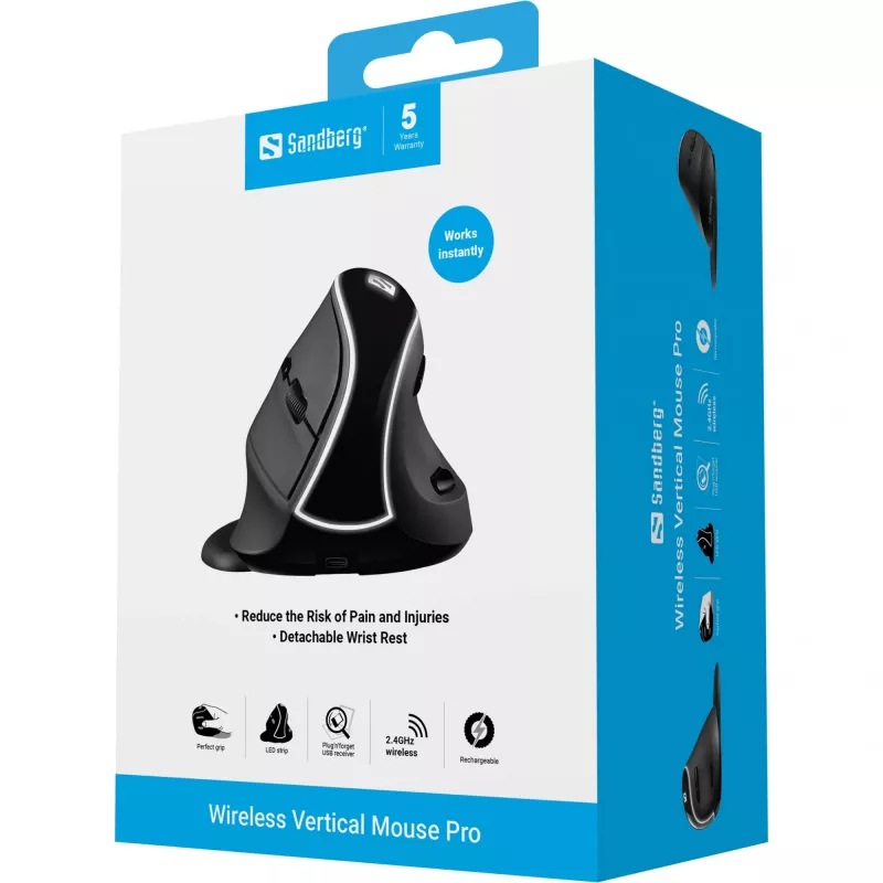 Sandberg Wireless Vertical -hiiri Pro, oikeakätinen, pystysuunnittelu, optinen, RF Wireless, 1600 DPI, musta