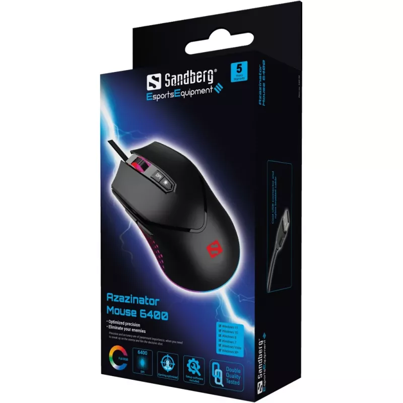 Sandberg Azazinator -hiiri 6400, oikeakätinen, USB Type-A, 6400 DPI, musta