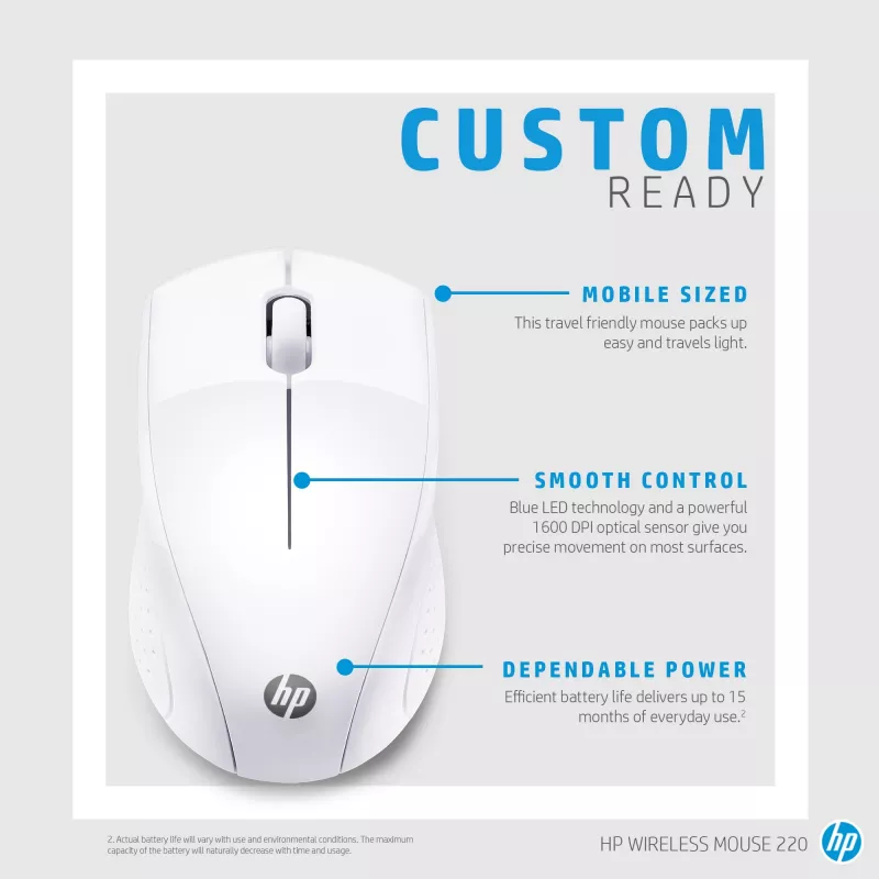 HP Wireless hiiri 220 (lumenvalkoinen), optinen, RF langaton, valkoinen