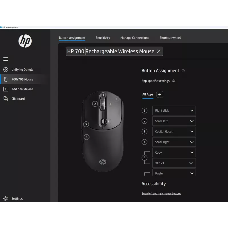 HP 700 ladattava langaton hiiri, molempikätinen, RF Wireless + Bluetooth, 6000 DPI, musta