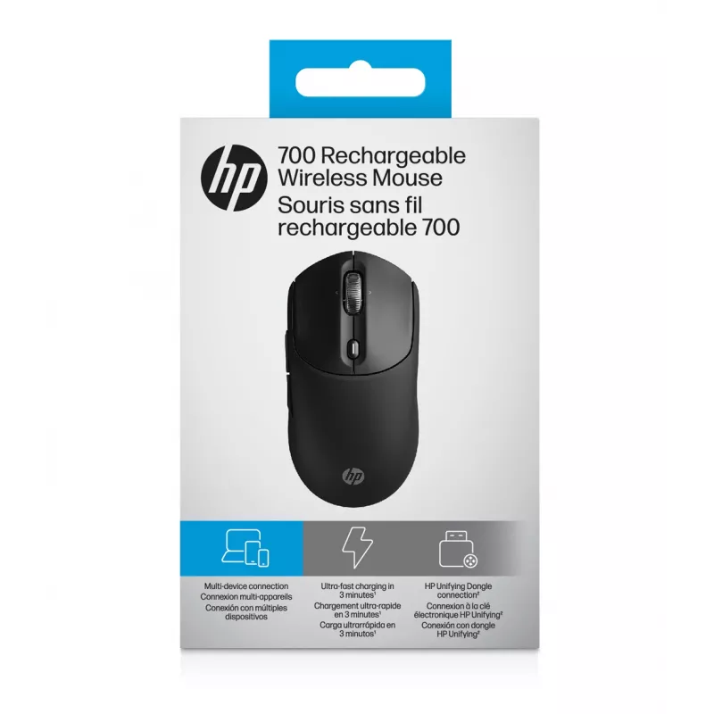 HP 700 ladattava langaton hiiri, molempikätinen, RF Wireless + Bluetooth, 6000 DPI, musta