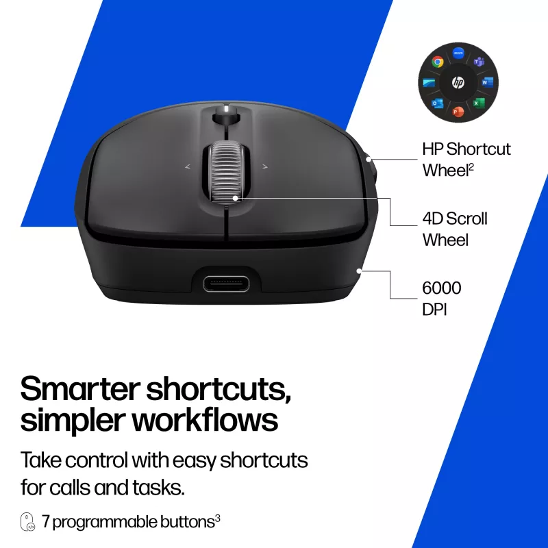 HP 700 ladattava langaton hiiri, molempikätinen, RF Wireless + Bluetooth, 6000 DPI, musta