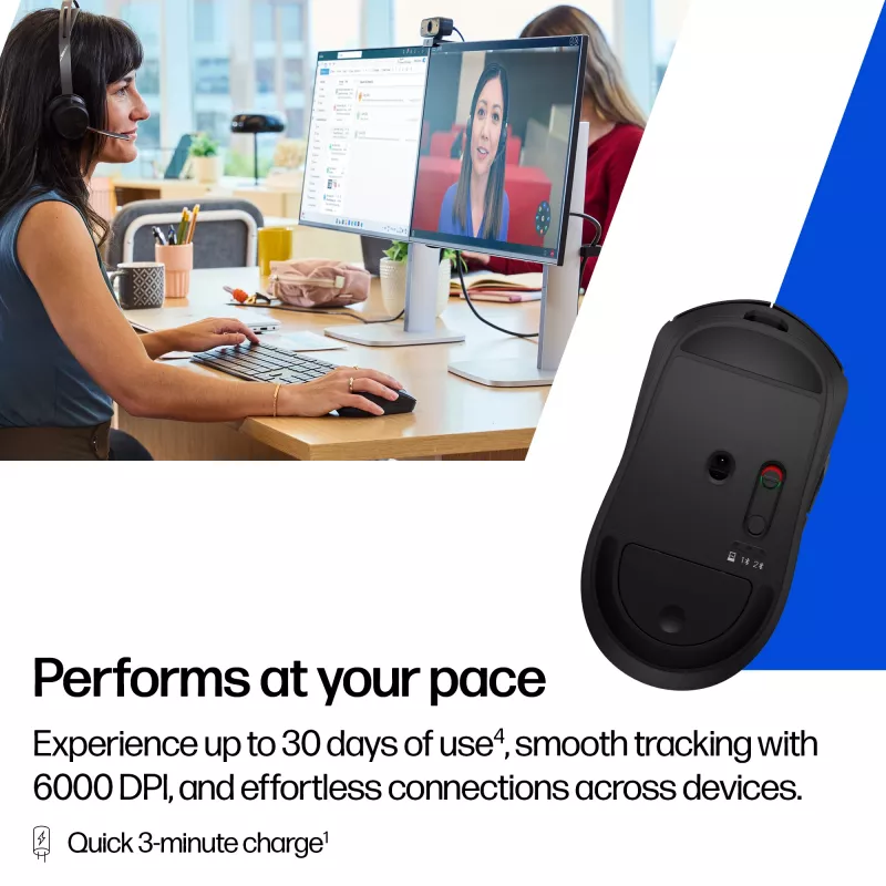 HP 700 ladattava langaton hiiri, molempikätinen, RF Wireless + Bluetooth, 6000 DPI, musta