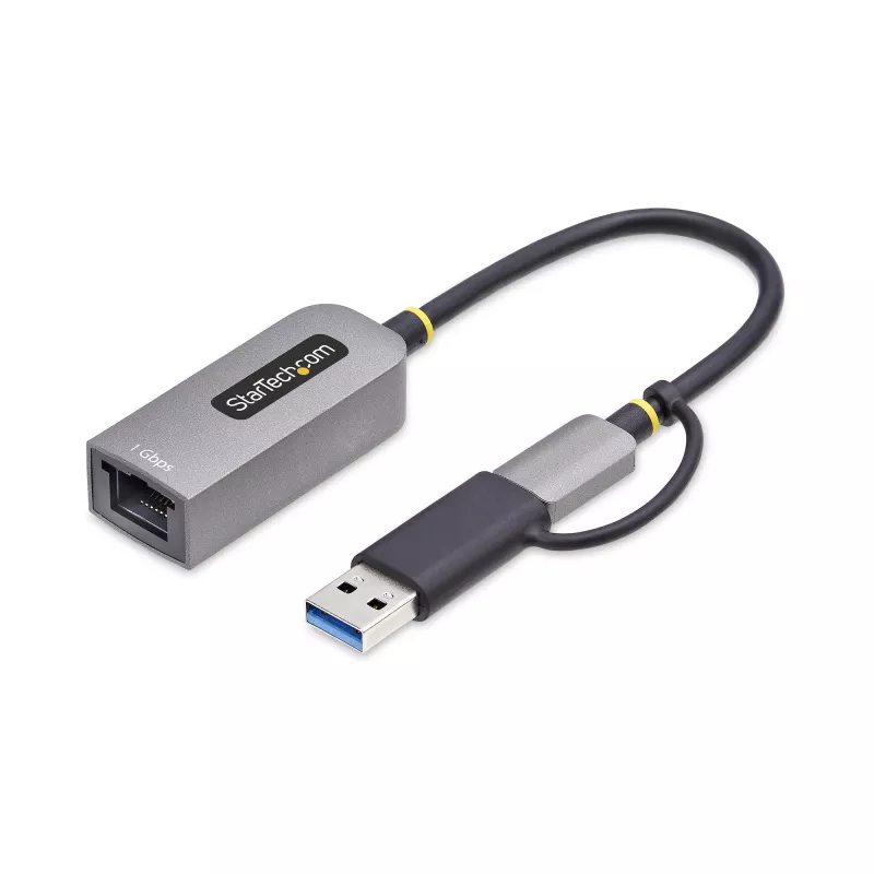StarTech.com USB-C-Ethernet-sovitin USB-A-donglella, 10/100/1000 Mbit/s, USB 3.0 - Gigabit Ethernet verkkosovitin, 15 cm kiinteä kaapeli, USB GbE -sovitin