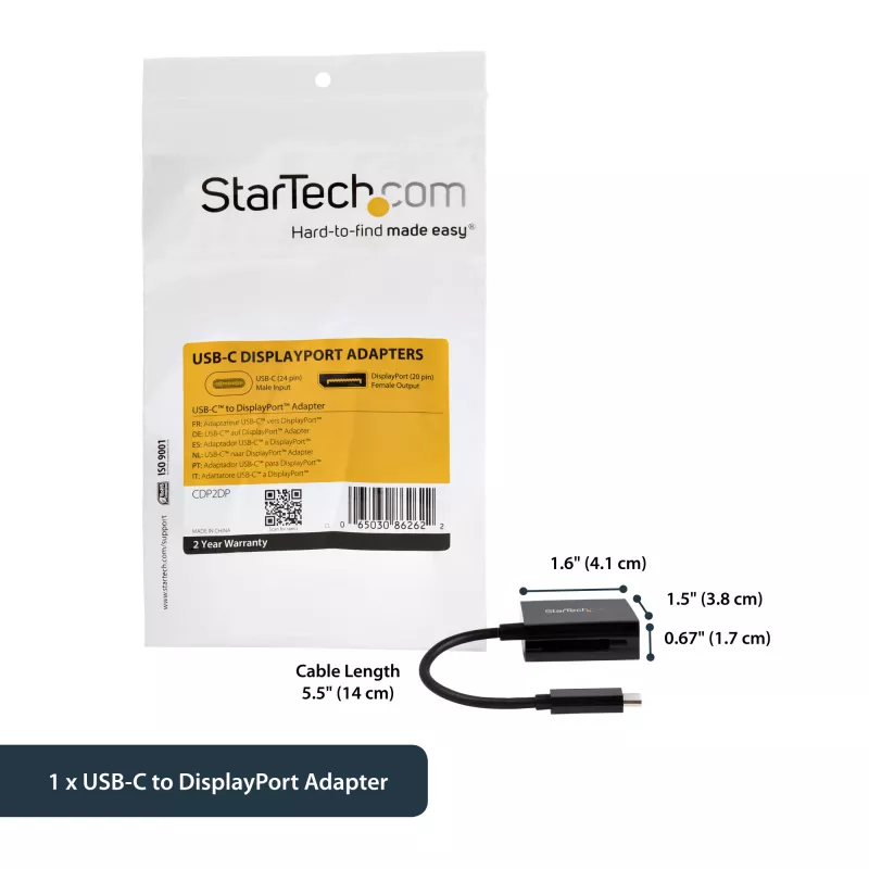 StarTech.com USB-C–DisplayPort-adapteri - 4K 60Hz/8K 30Hz - USB Type-C - DP 1.4 HBR2 -adapteridongle - kompakti USB-C (DP Alt Mode) -näyttövideomuunnin - Thunderbolt 3 -yhteensopiva