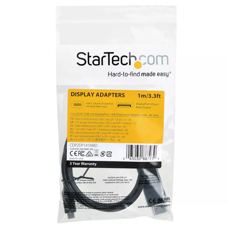 StarTech.com 1 m USB-C–DisplayPort 1.4 -kaapeli 8K 60 Hz/4K – kaksisuuntainen DP–USB-C tai USB-C–DP käännettävä videoadapterikaapeli – HBR3/HDR/DSC – USB Type-C/Thunderbolt-näyttökaapeli