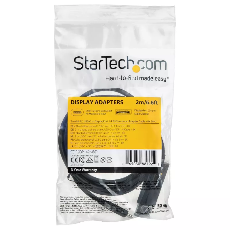 StarTech.com 2m USB-C–DisplayPort 1.4 -kaapeli 8K 60Hz/4K - kaksisuuntainen DP–USB-C tai USB-C–DP käännettävä videoadapterikaapeli - HBR3/HDR/DSC - USB Type-C/Thunderbolt 3 -näyttökaapeli (CDP2DP142MBD)