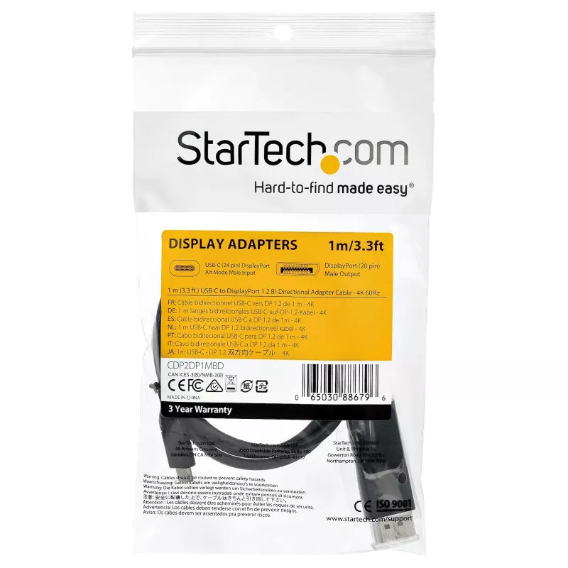 StarTech.com 1m USB-C–DisplayPort 1.2 -kaapeli 4K 60Hz - kaksisuuntainen DP–USB-C tai USB-C–DP käännettävä video-adapterikaapeli - HBR2/HDR - USB Type C/Thunderbolt-näyttökaapeli