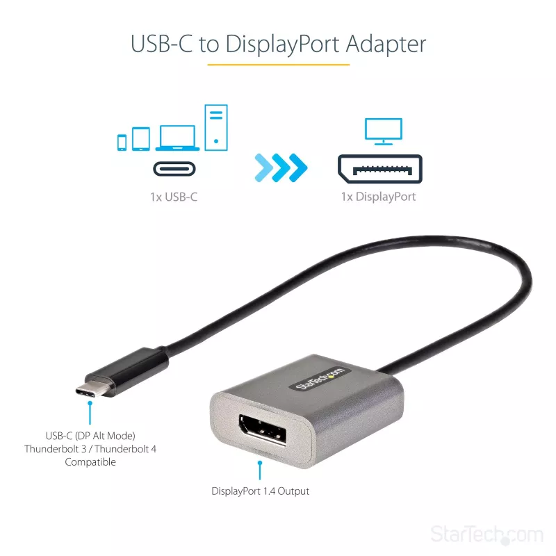 StarTech.com USB-C–DisplayPort-adapteri – 8K/4K 60Hz USB-C–DisplayPort-1.4-adapteridongle – USB Type-C–DP-näyttövideomuunnin – yhteensopiva Thunderbolt 3:n kanssa – mukana 30 cm pitkä kiinteä kaapeli